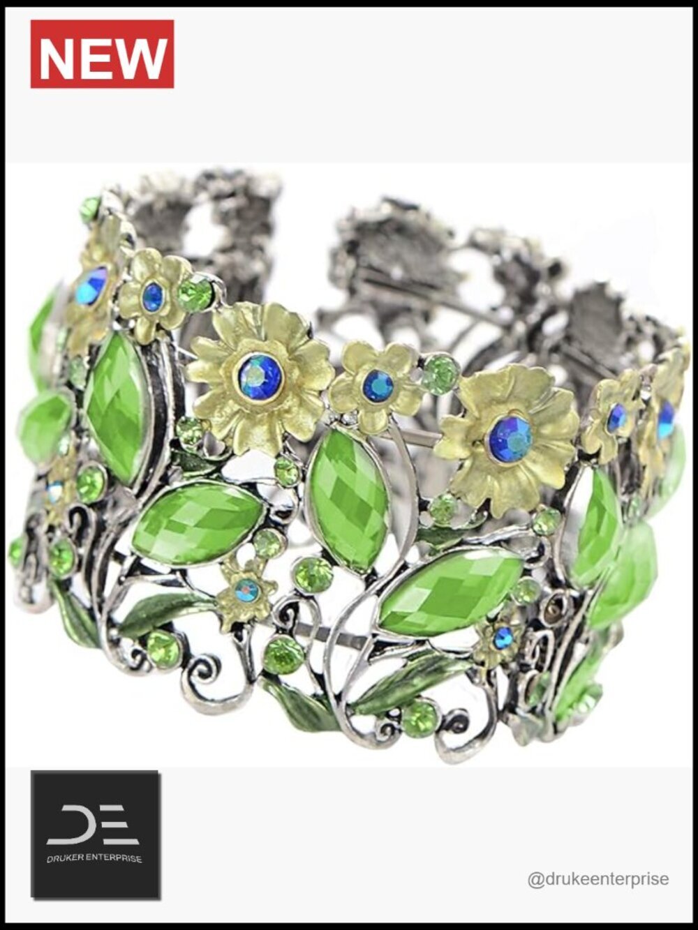 Antique Hollow Vintage Crystal Rhinestone Flower Garden Bangle Cuff Bracelet